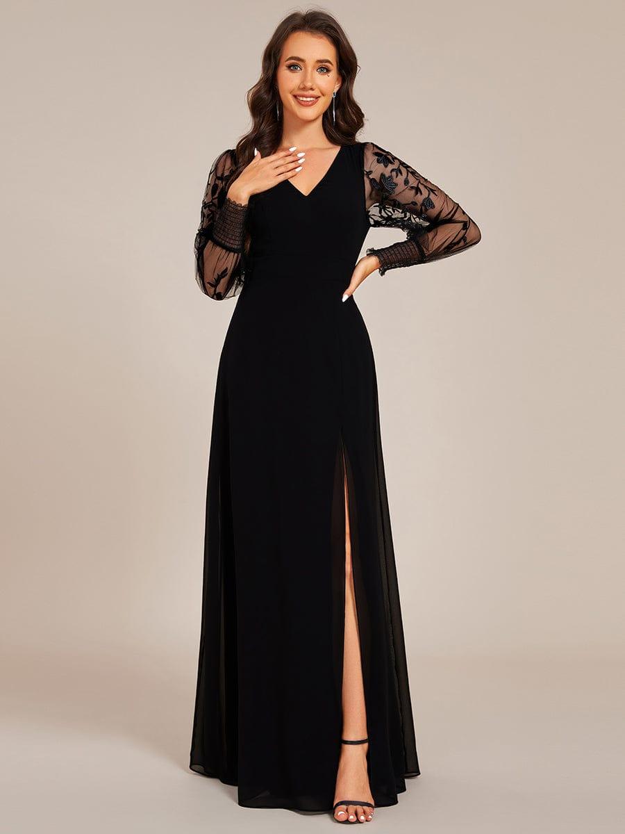 V-Neck Chiffon Slit Evening Dress with Long Lace Sleeves