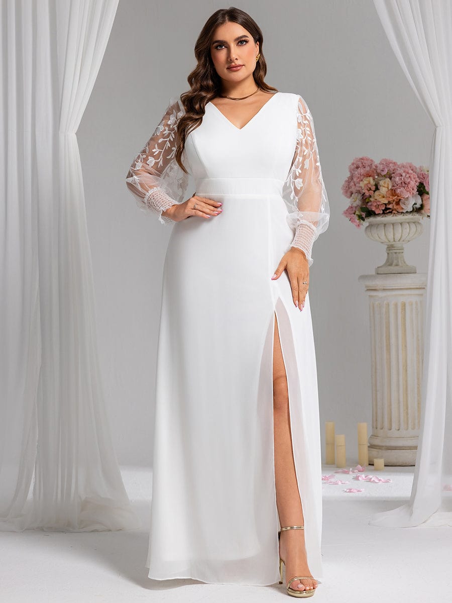V-Neck Chiffon Slit Evening Dress with Long Lace Sleeves