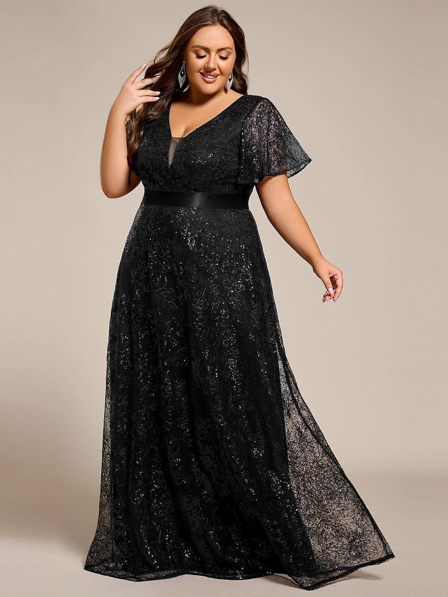 Glitter V-neck Sequin A-Line Long Formal Dress