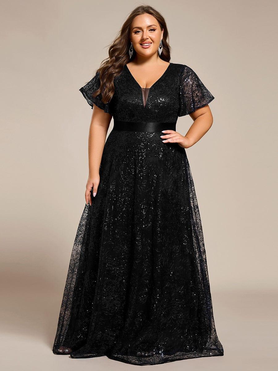 Glitter V-neck Sequin A-Line Long Formal Dress