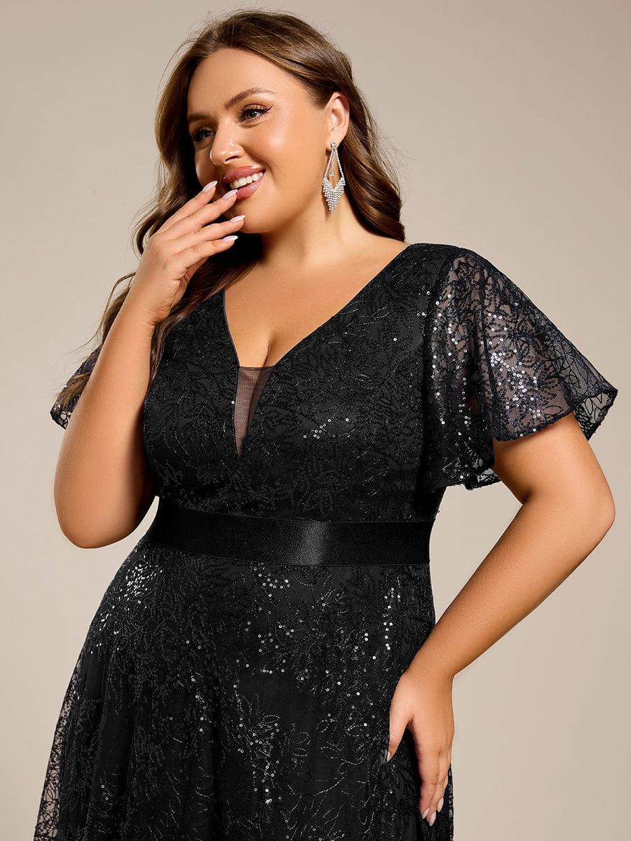 Glitter V-neck Sequin A-Line Long Formal Dress
