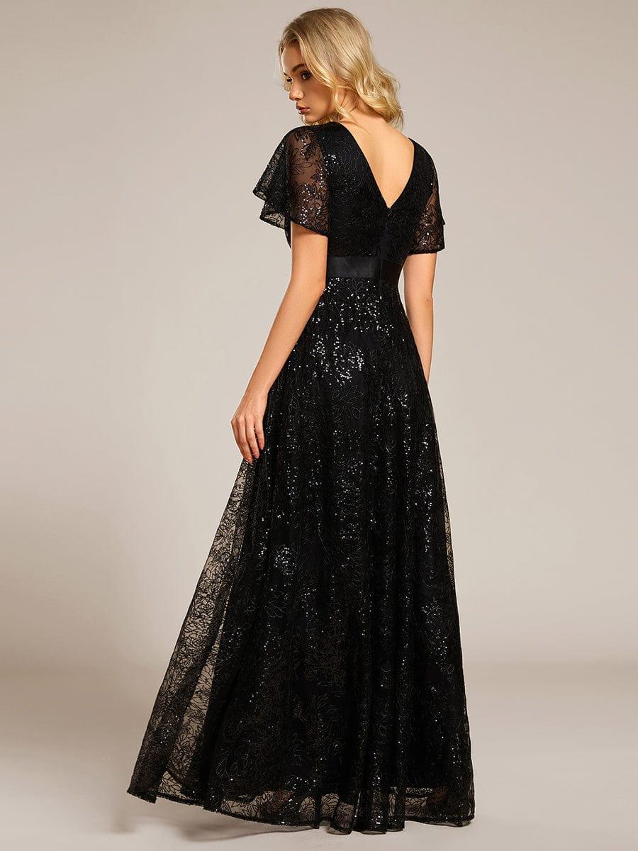 Glitter V-neck Sequin A-Line Long Formal Dress