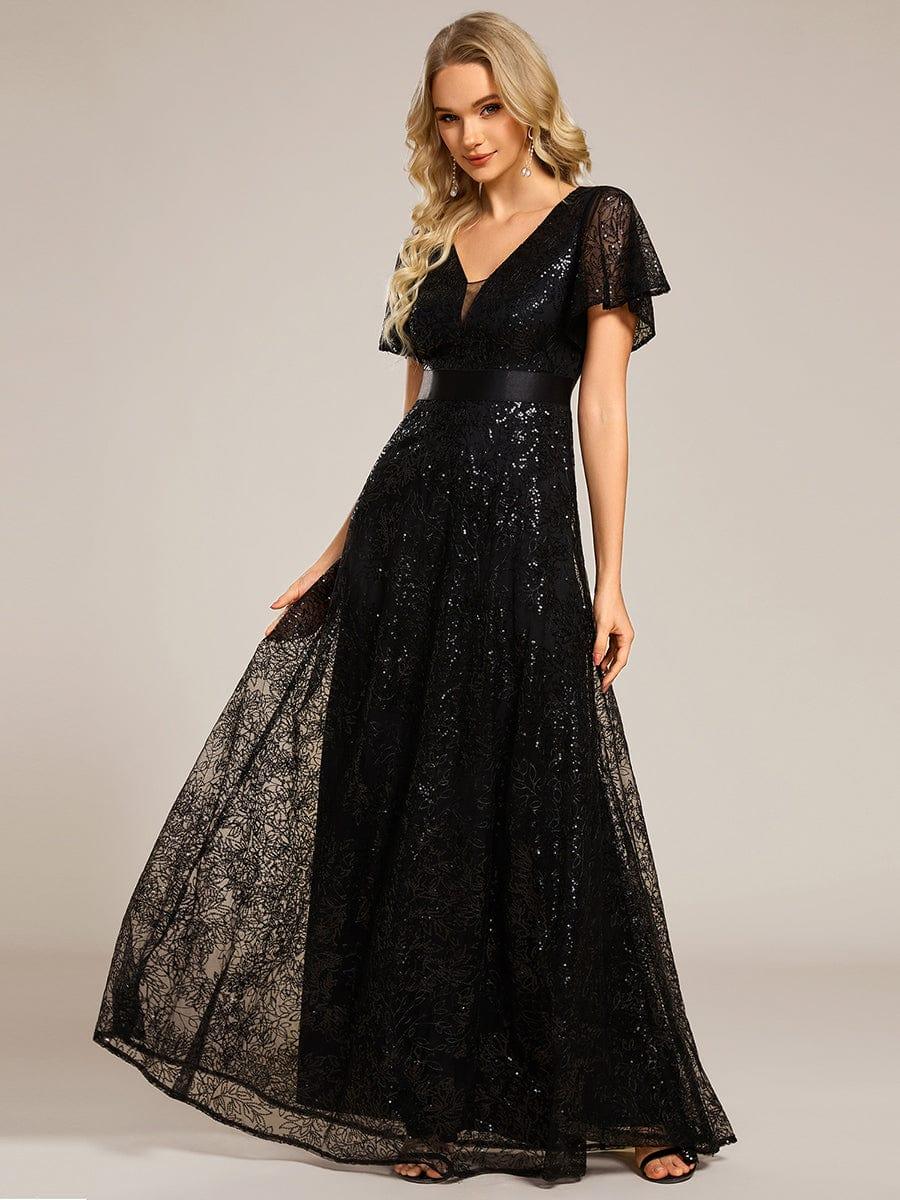 Glitter V-neck Sequin A-Line Long Formal Dress