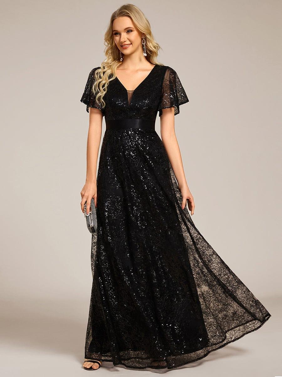Glitter V-neck Sequin A-Line Long Formal Dress