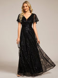 Glitter V-neck Sequin A-Line Long Formal Dress