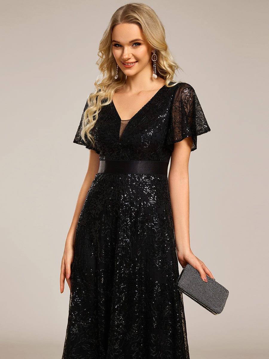 Glitter V-neck Sequin A-Line Long Formal Dress