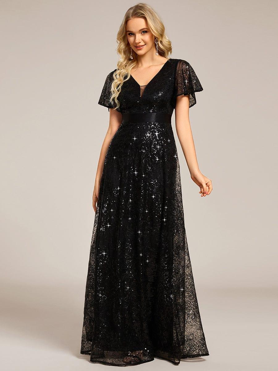 Glitter V-neck Sequin A-Line Long Formal Dress