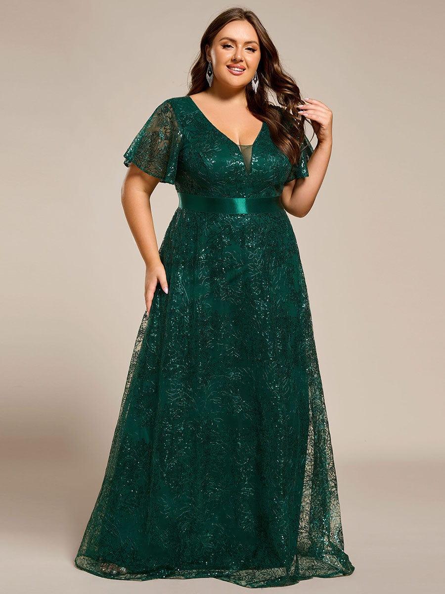 Plus Size V-neck Sequin A-Line Long Formal Dress