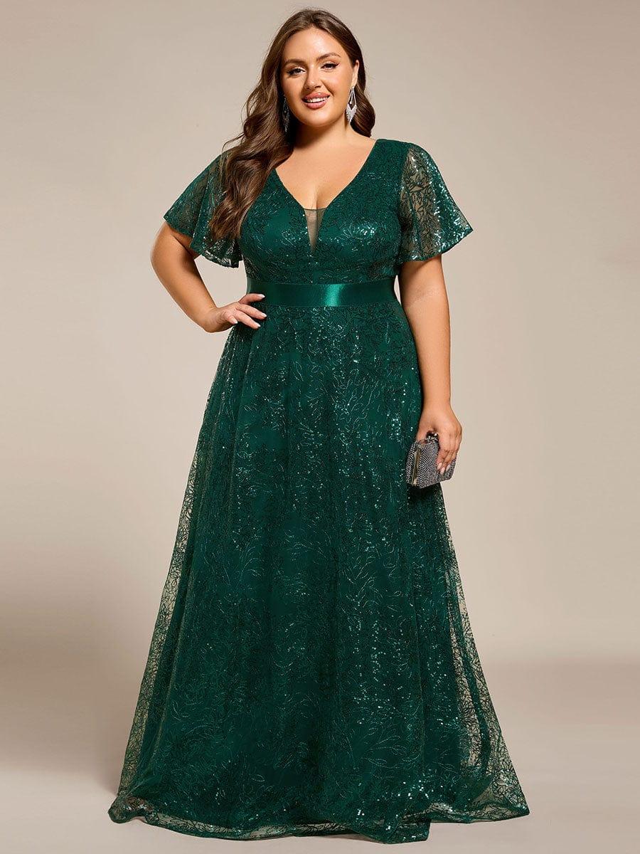 Glitter V-neck Sequin A-Line Long Formal Dress
