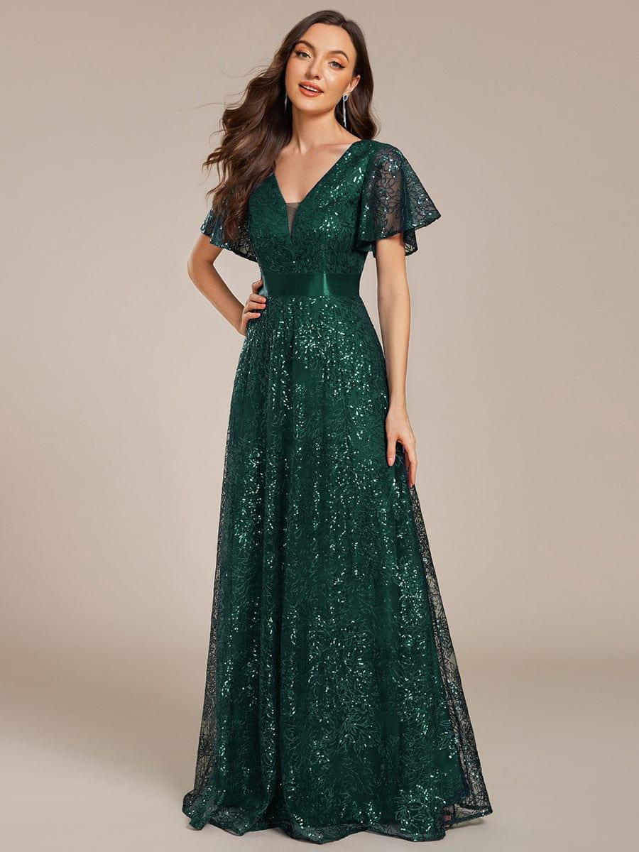 Glitter V-neck Sequin A-Line Long Formal Dress