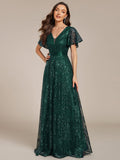 Glitter V-neck Sequin A-Line Long Formal Dress