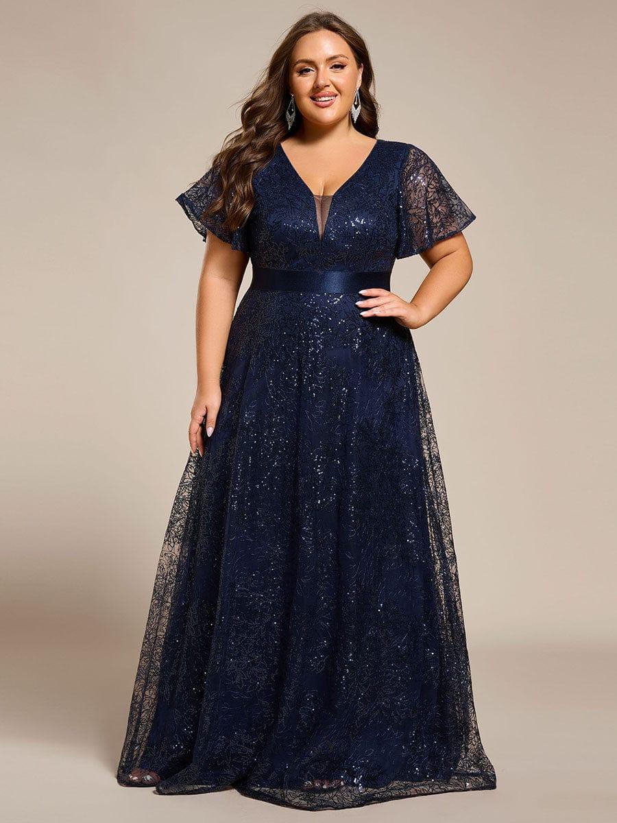 Plus Size V-neck Sequin A-Line Long Formal Dress