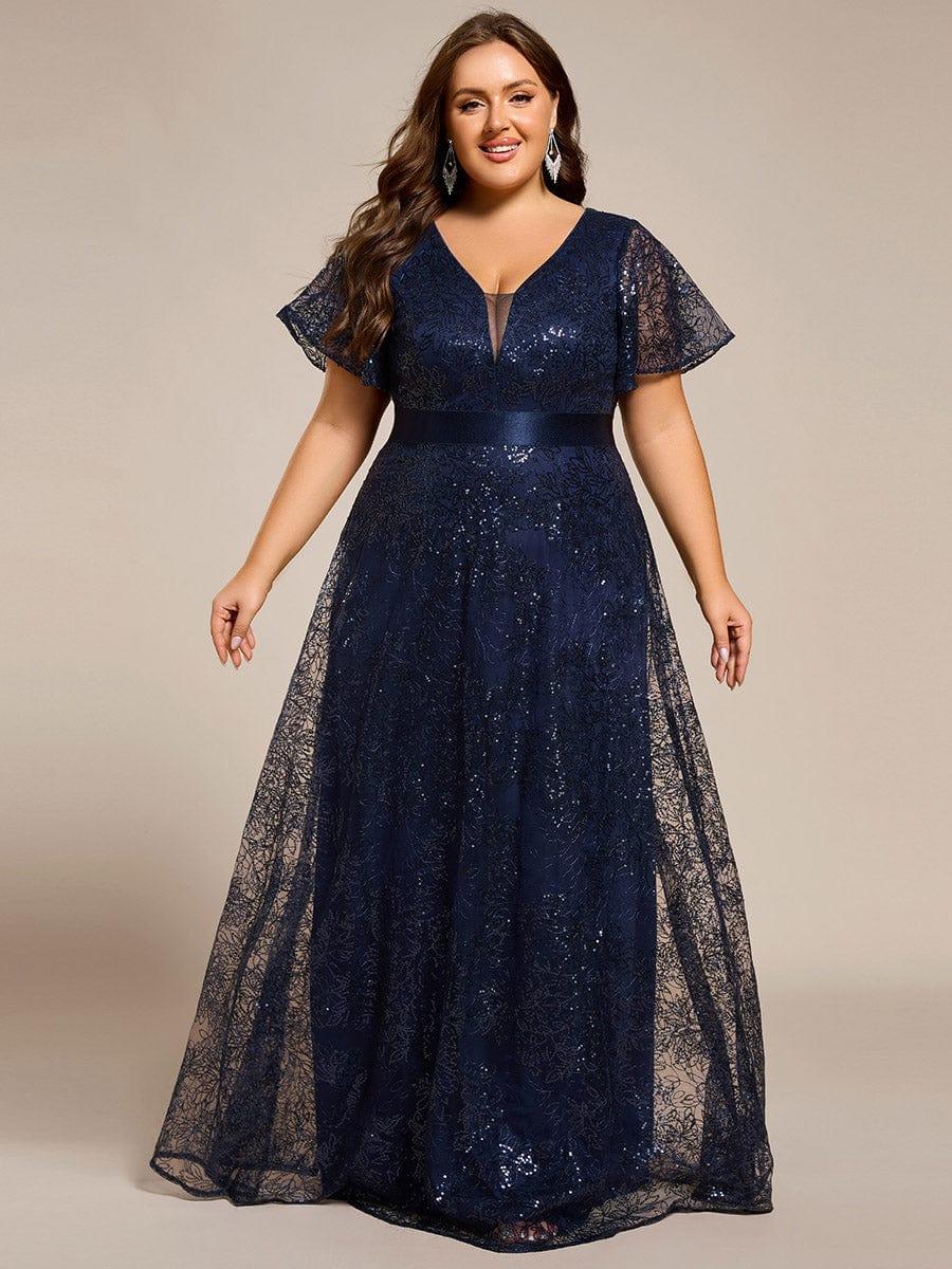 Glitter V-neck Sequin A-Line Long Formal Dress