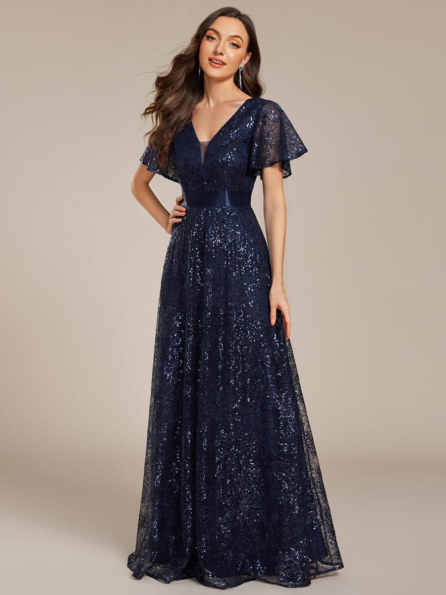 Glitter V-neck Sequin A-Line Long Formal Dress