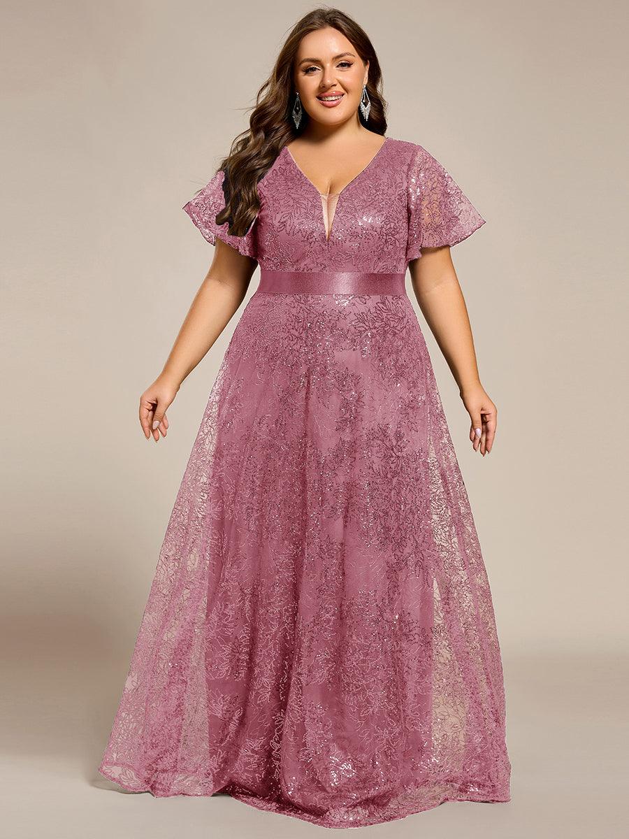 Plus Size V-neck Sequin A-Line Long Formal Dress