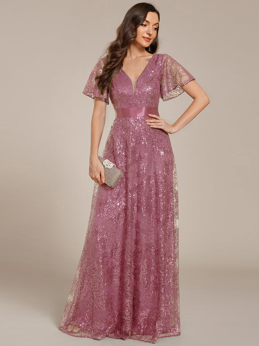 Glitter V-neck Sequin A-Line Long Formal Dress