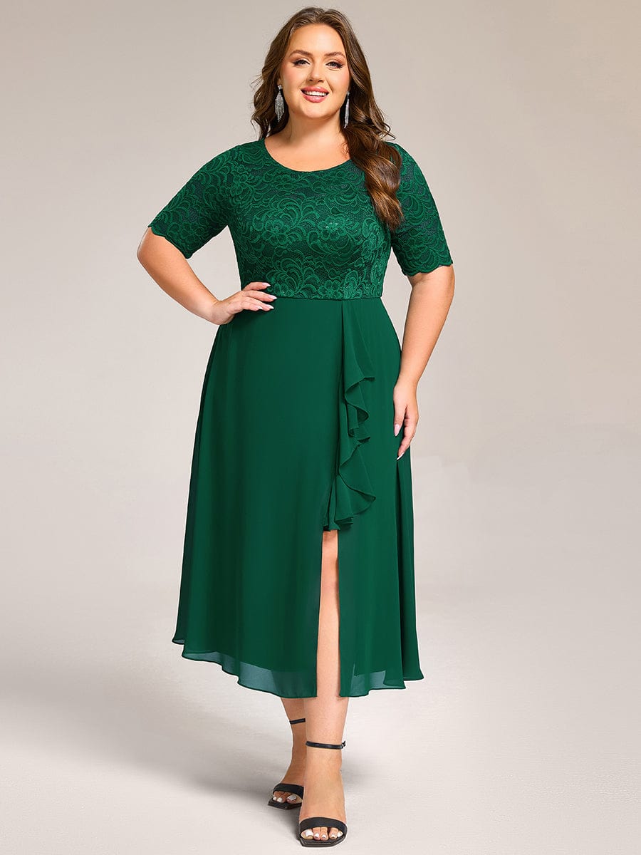 Plus Size Round Neck Lace A-Line Formal Dress with Slit