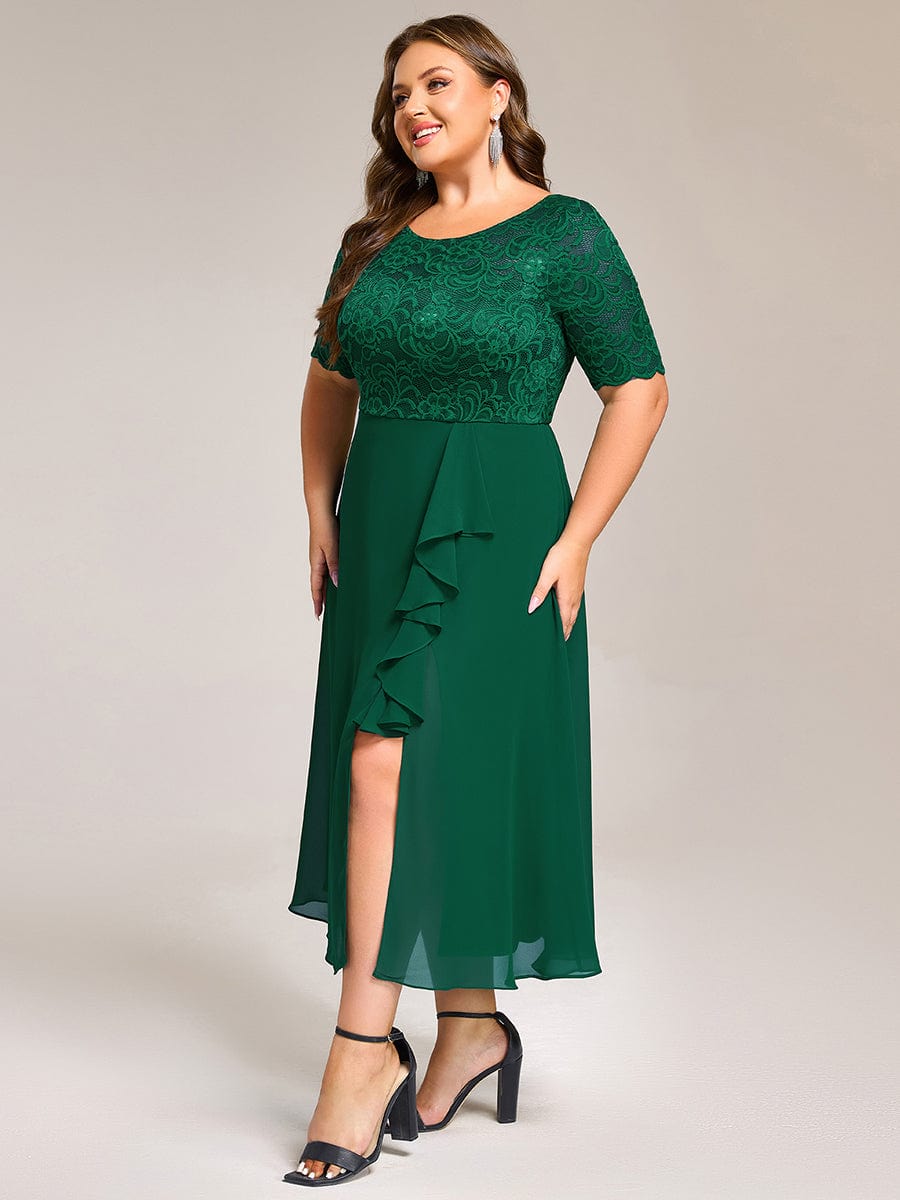 Plus Size Round Neck Lace A-Line Formal Dress with Slit