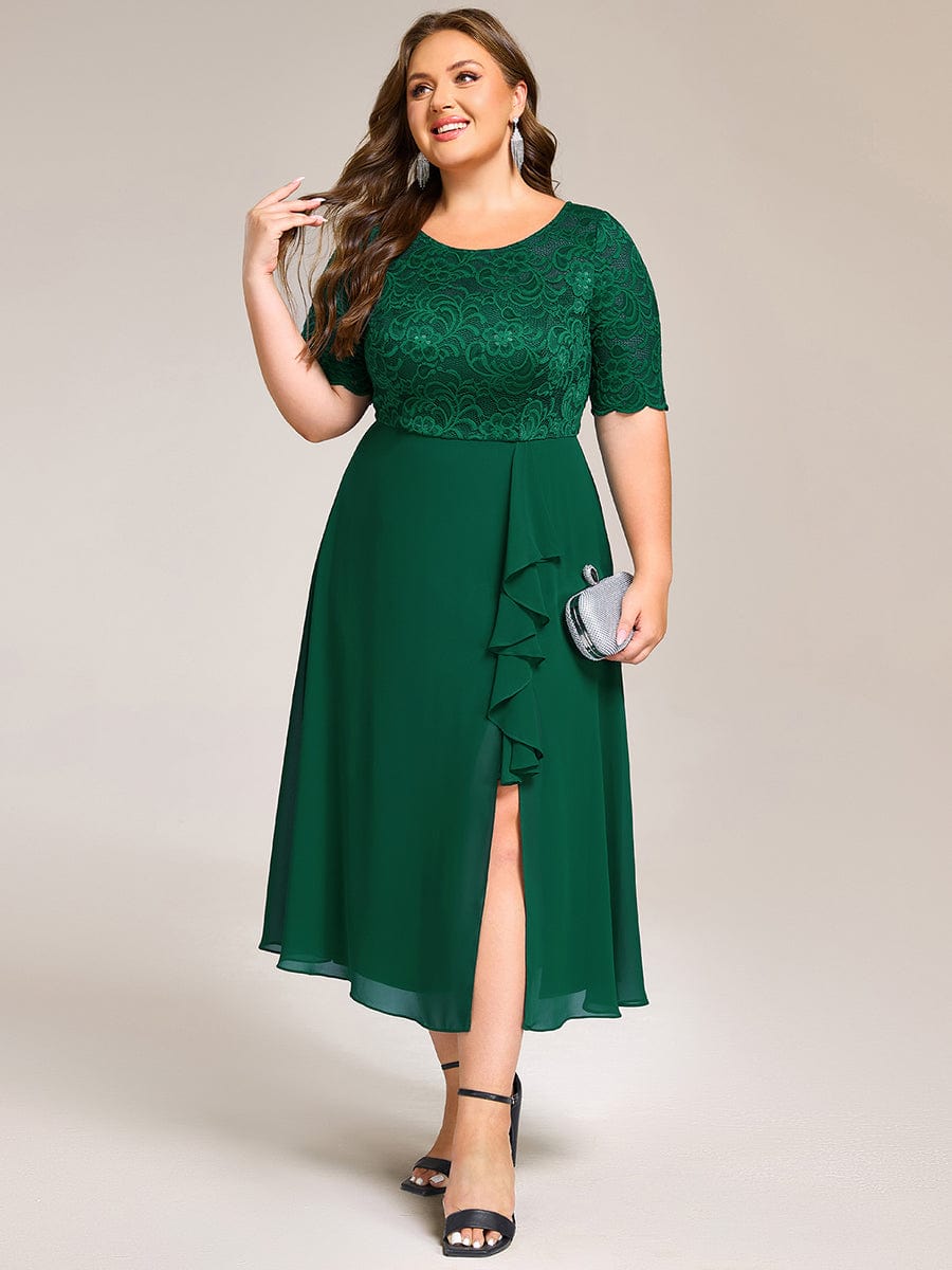 Plus Size Round Neck Lace A-Line Formal Dress with Slit