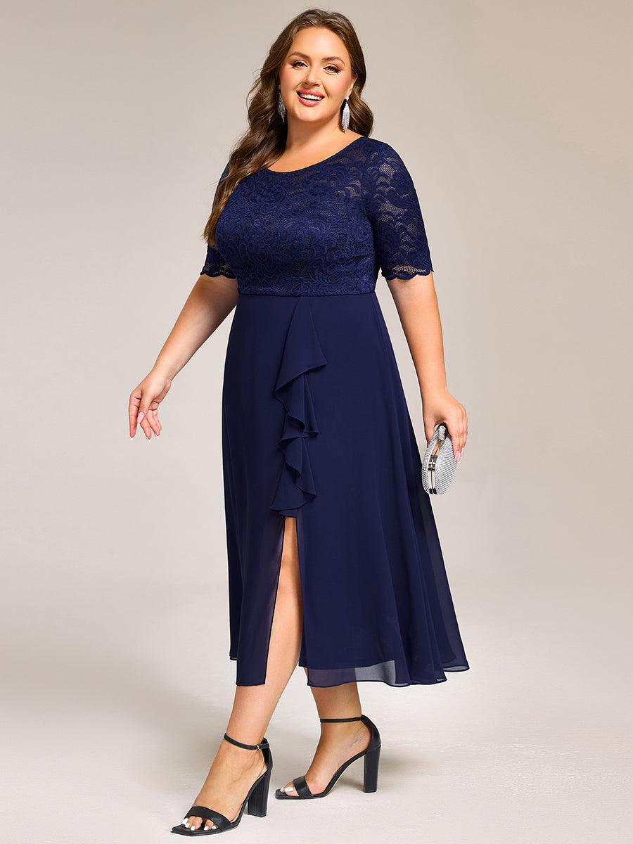 Plus Size Round Neck Lace A-Line Formal Dress with Slit
