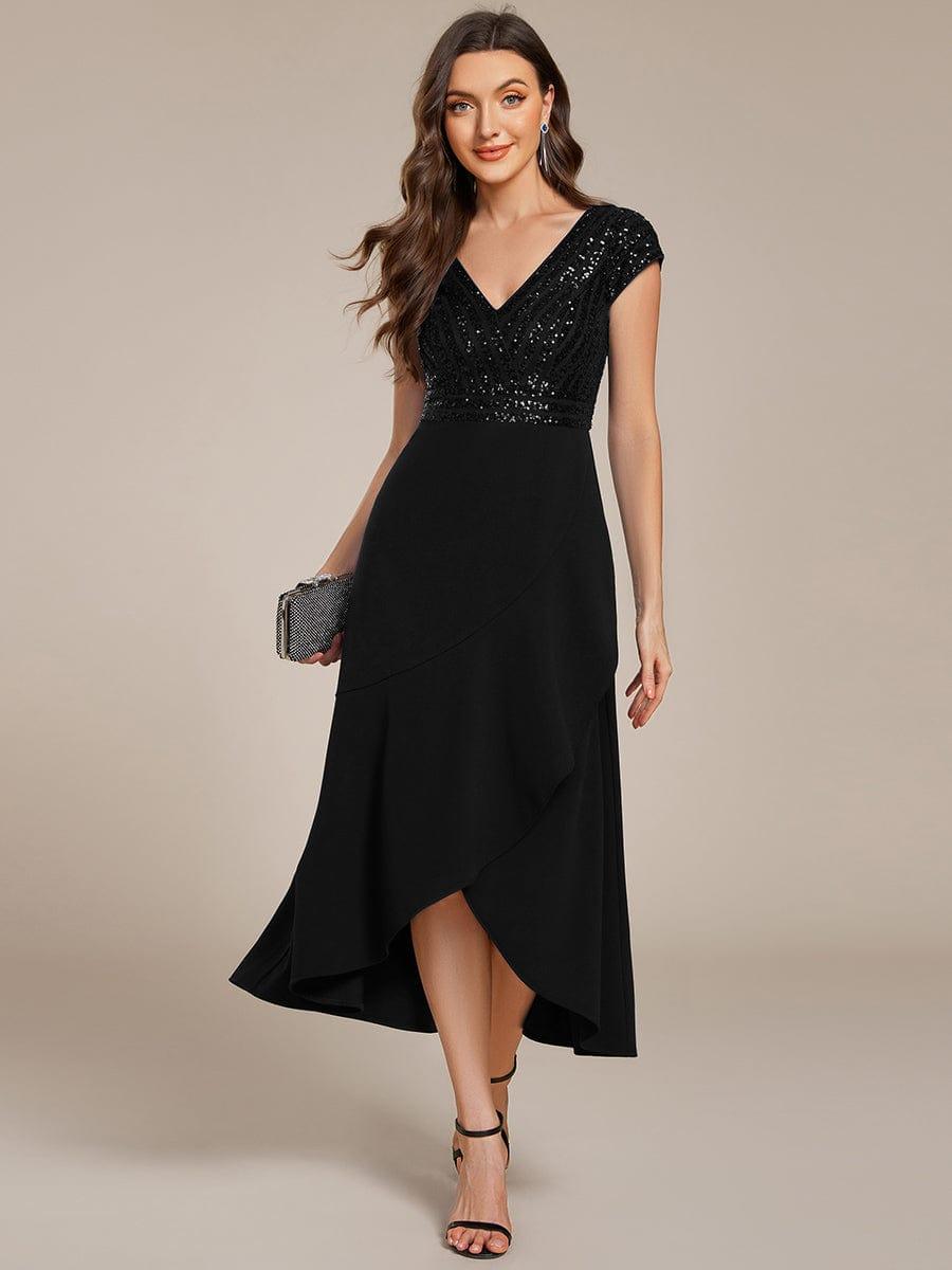 V-Neck Sequin Mermaid Formal Dress with Cap Sleeves