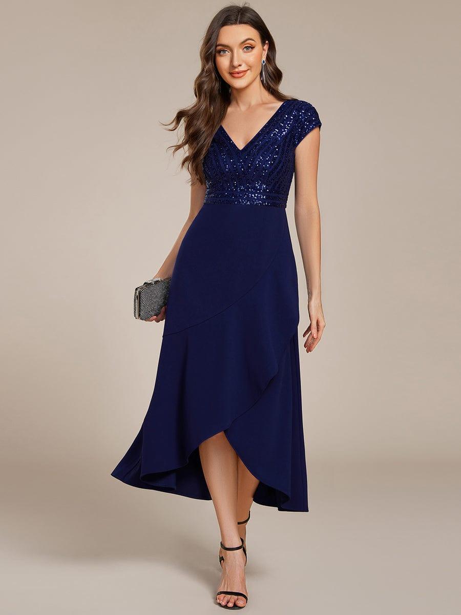 V-Neck Sequin Mermaid Formal Dress with Cap Sleeves