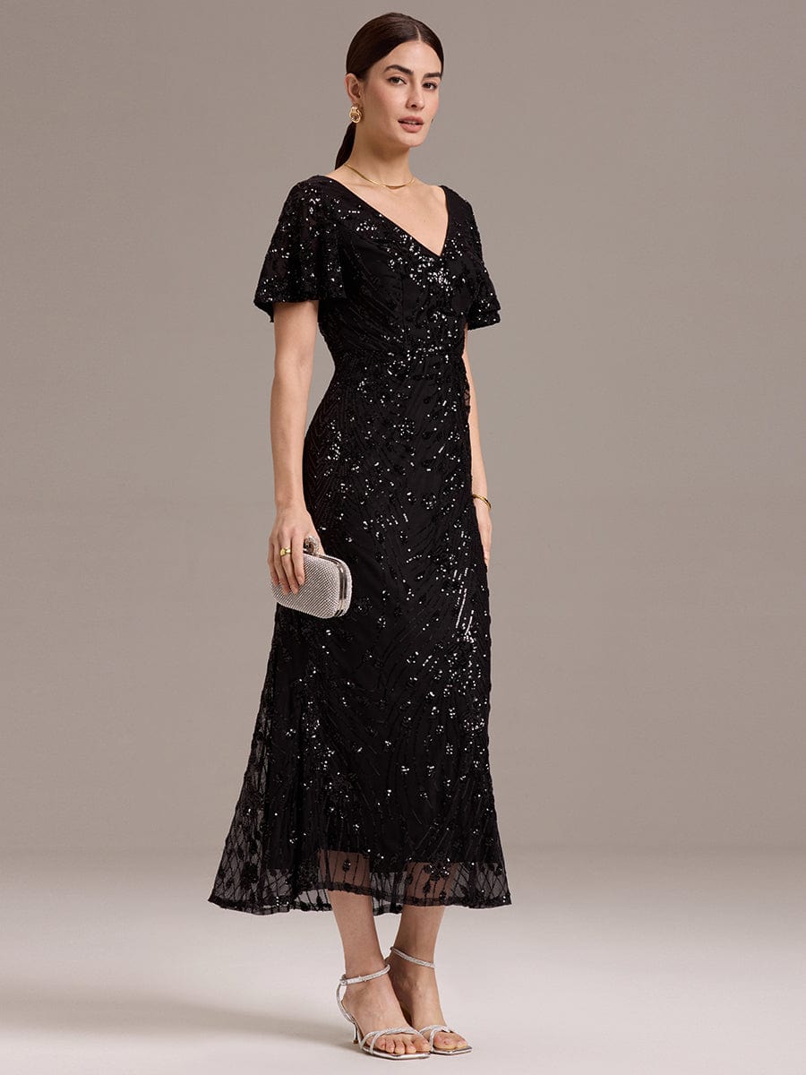 Glitter Sequin Applique Formal Wedding Guest Dress