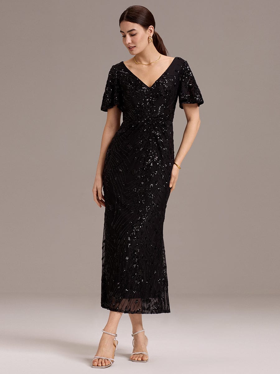 Glitter Sequin Applique Formal Wedding Guest Dress