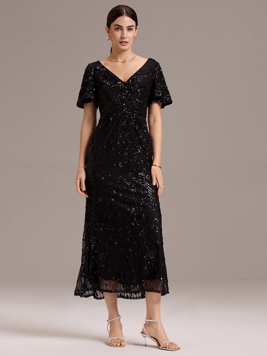 Glitter Sequin Applique Formal Wedding Guest Dress