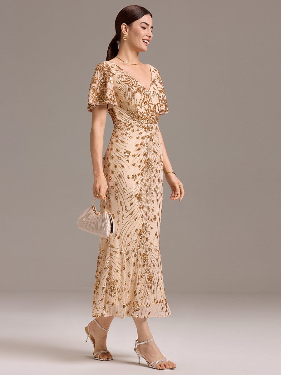 Glitter Sequin Applique Formal Wedding Guest Dress