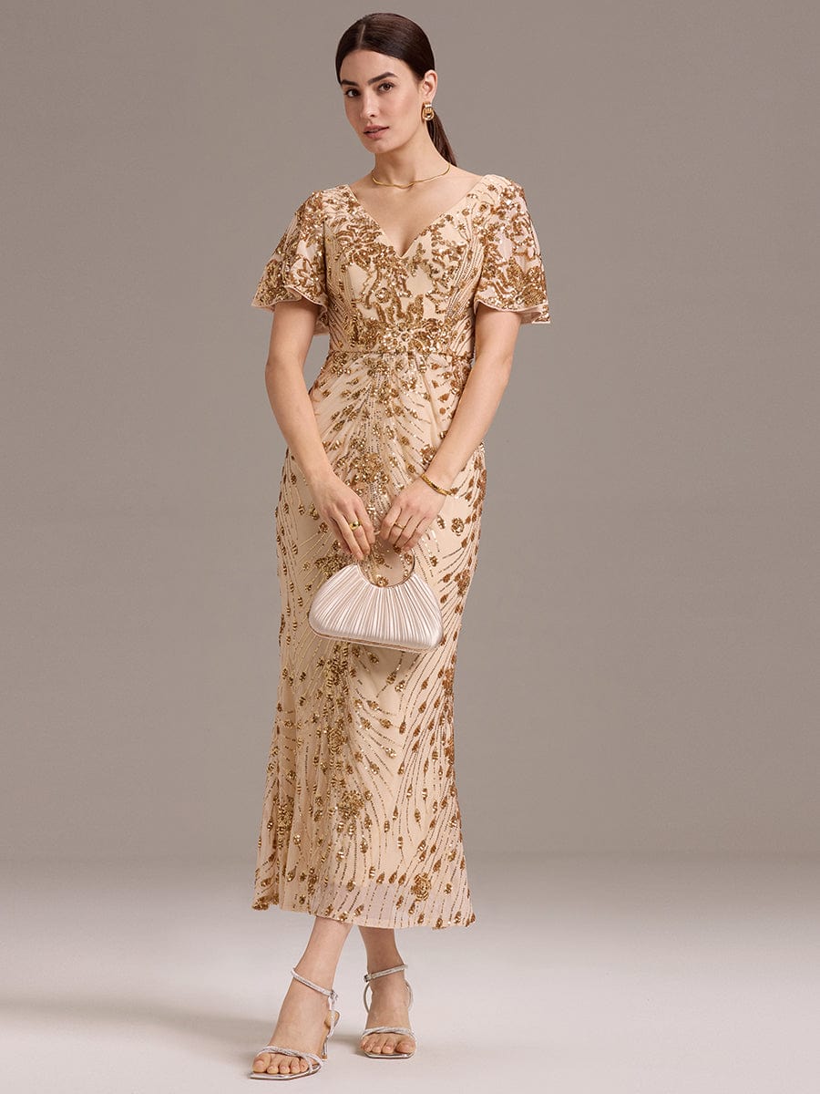 Glitter Sequin Applique Formal Wedding Guest Dress