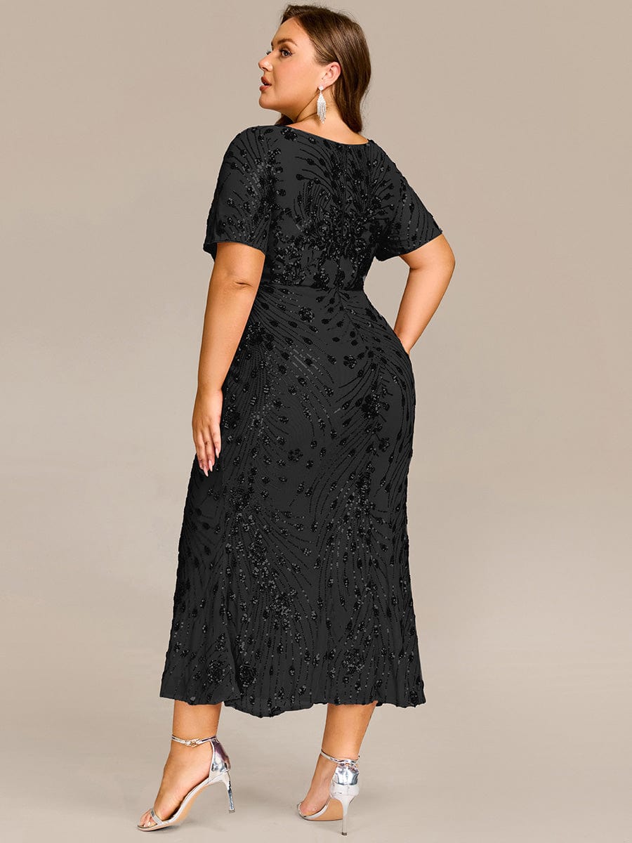 Plus Size Sequin Wedding Guest Dress with Short Sleeves