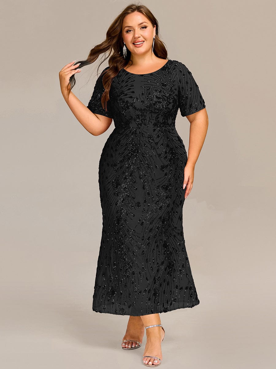 Plus Size Sequin Wedding Guest Dress with Short Sleeves