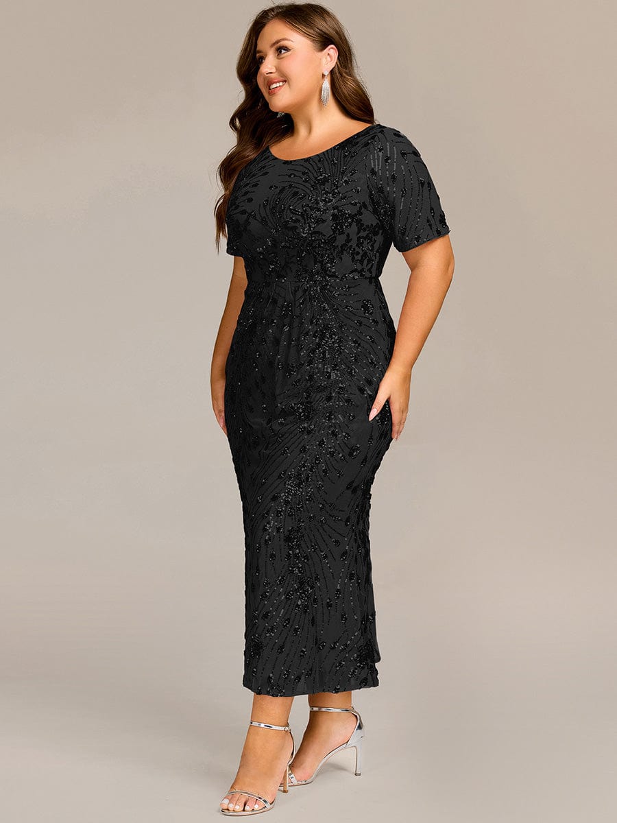 Plus Size Sequin Wedding Guest Dress with Short Sleeves