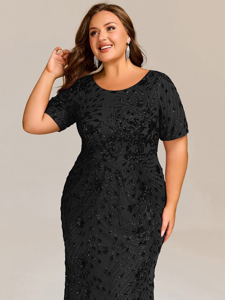 Plus Size Sequin Wedding Guest Dress with Short Sleeves