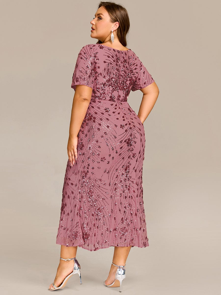 Plus Size Sequin Wedding Guest Dress with Short Sleeves