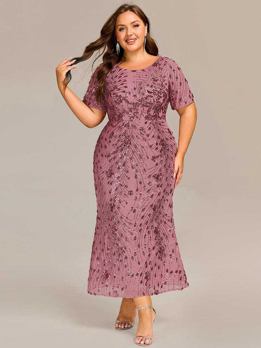 Plus Size Sequin Wedding Guest Dress with Short Sleeves