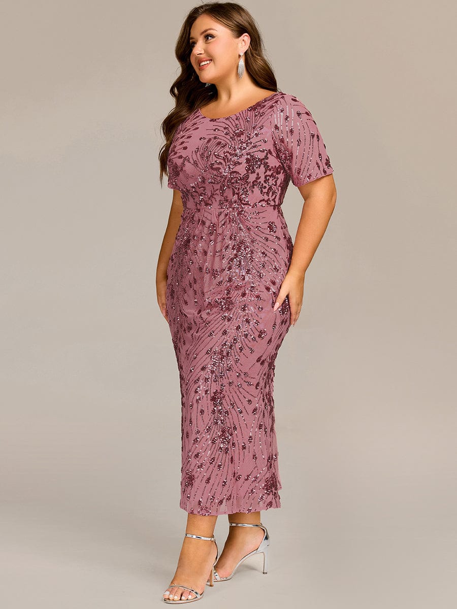 Plus Size Sequin Wedding Guest Dress with Short Sleeves