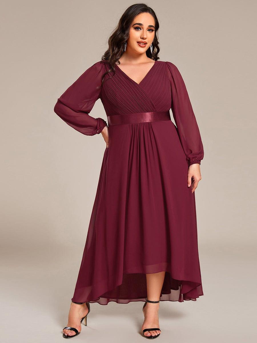 Plus Size Pleated High-Low Formal Dress wiith Long Sleeves