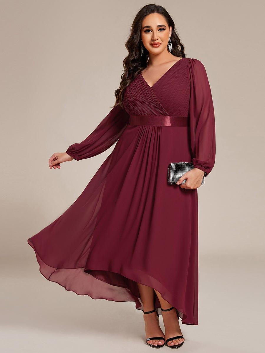 Plus Size Pleated High-Low Formal Dress wiith Long Sleeves