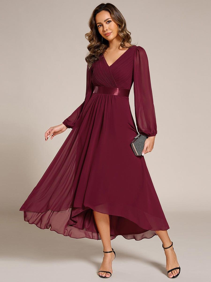 Elegant V-Neck Chiffon High-Low Formal Dress wiith Long Sleeves