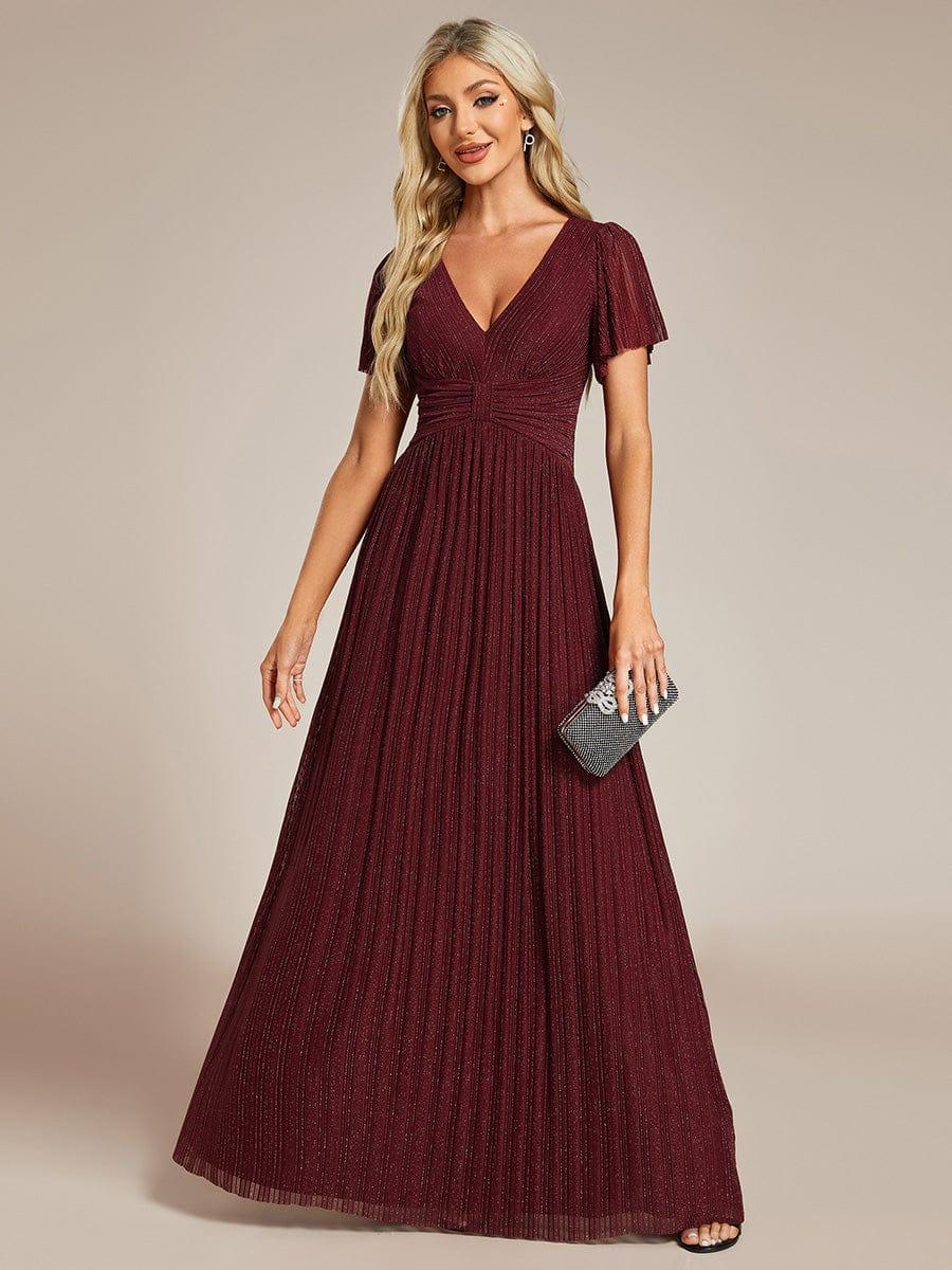 Sparkly V-Neck Empire Waist Pleated Formal Evening Dress