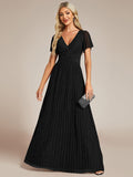 Sparkly V-Neck Empire Waist Pleated Formal Evening Dress