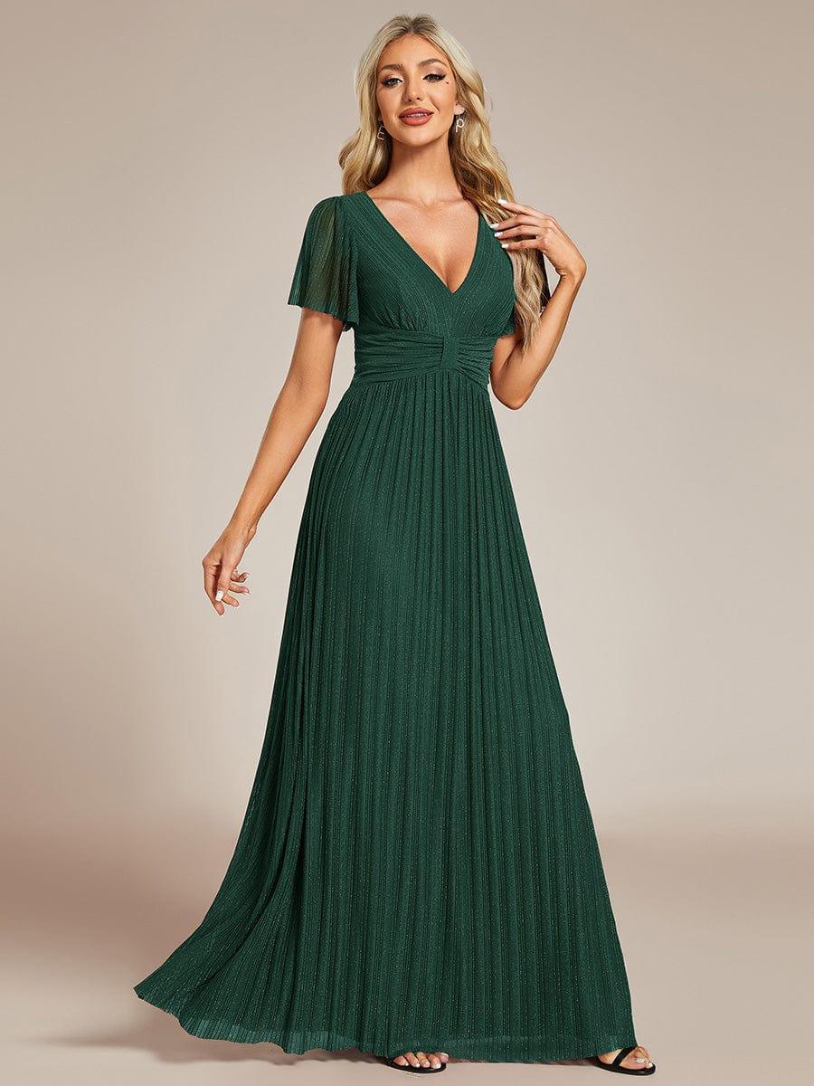 Sparkly V-Neck Empire Waist Pleated Formal Evening Dress