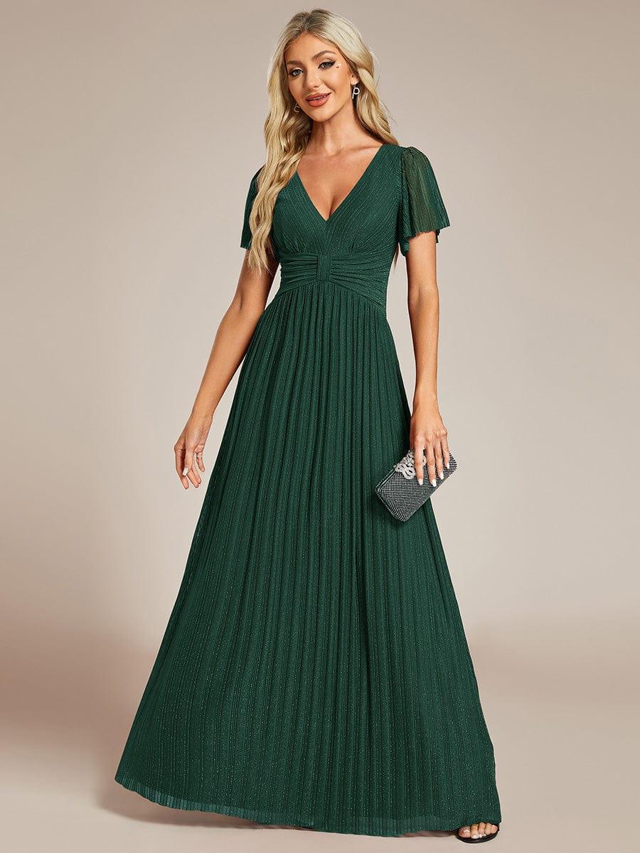 Sparkly V-Neck Empire Waist Pleated Formal Evening Dress