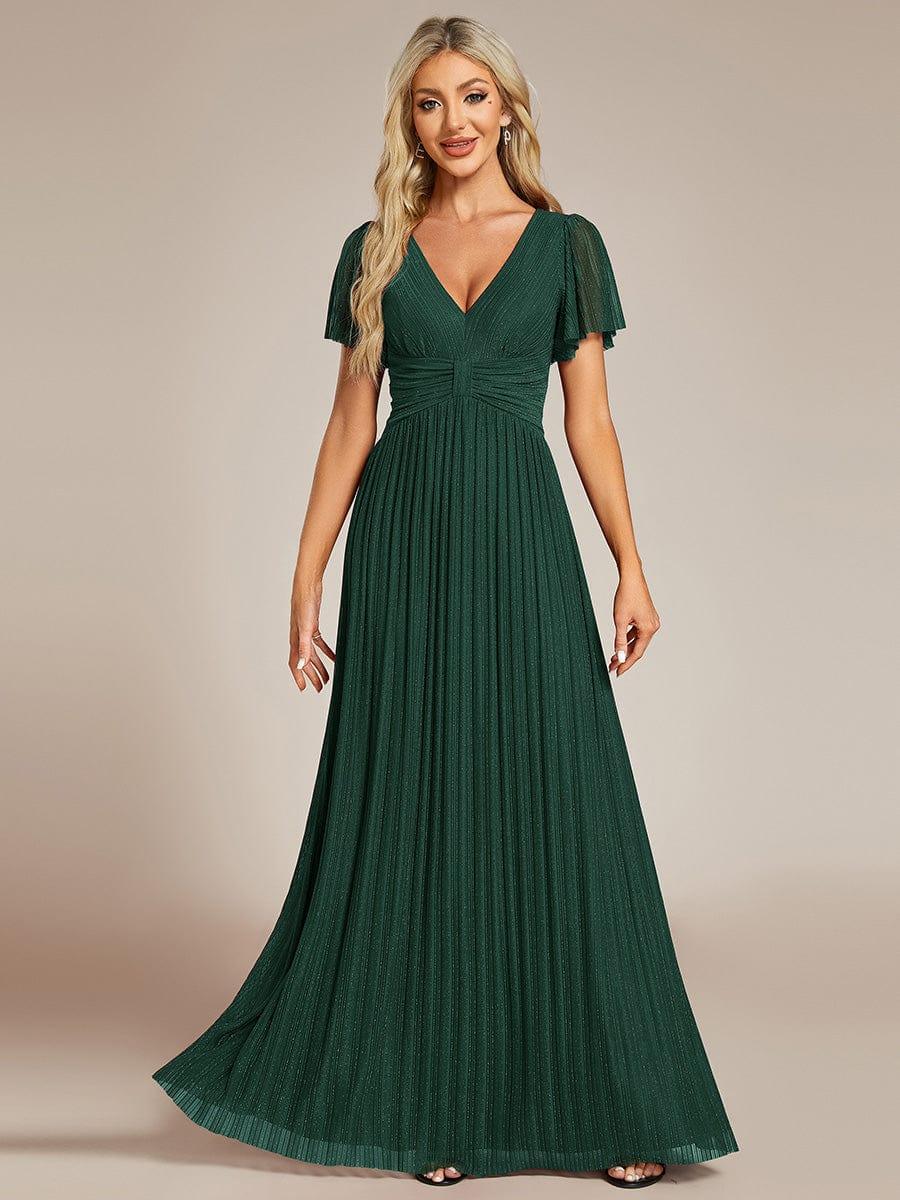 Sparkly V-Neck Empire Waist Pleated Formal Evening Dress
