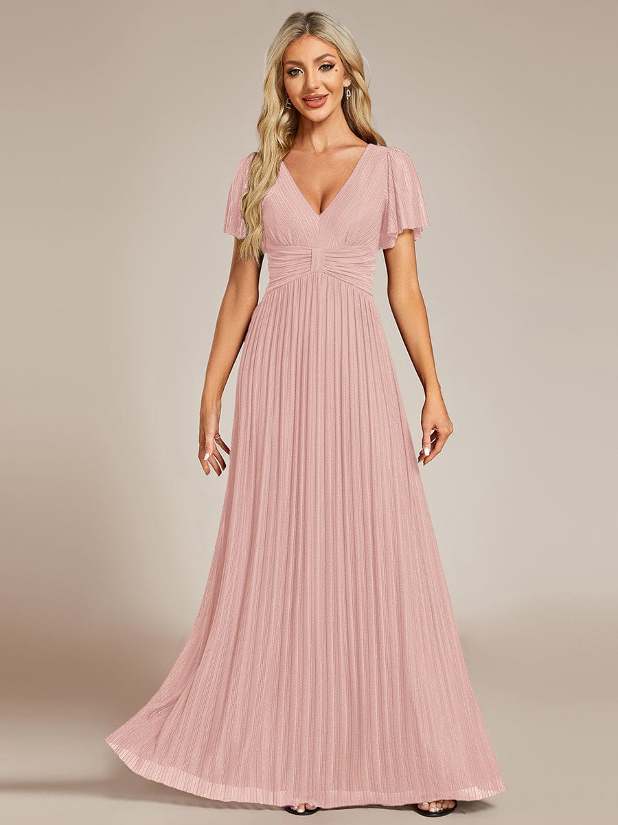 Sparkly V-Neck Empire Waist Pleated Formal Evening Dress