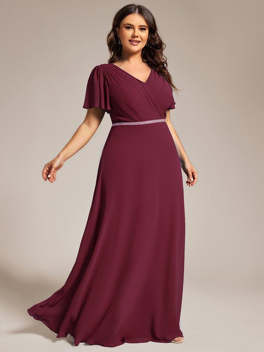 V-Neck Pleated A-Line Chiffon Evening Dress with Short Sleeves