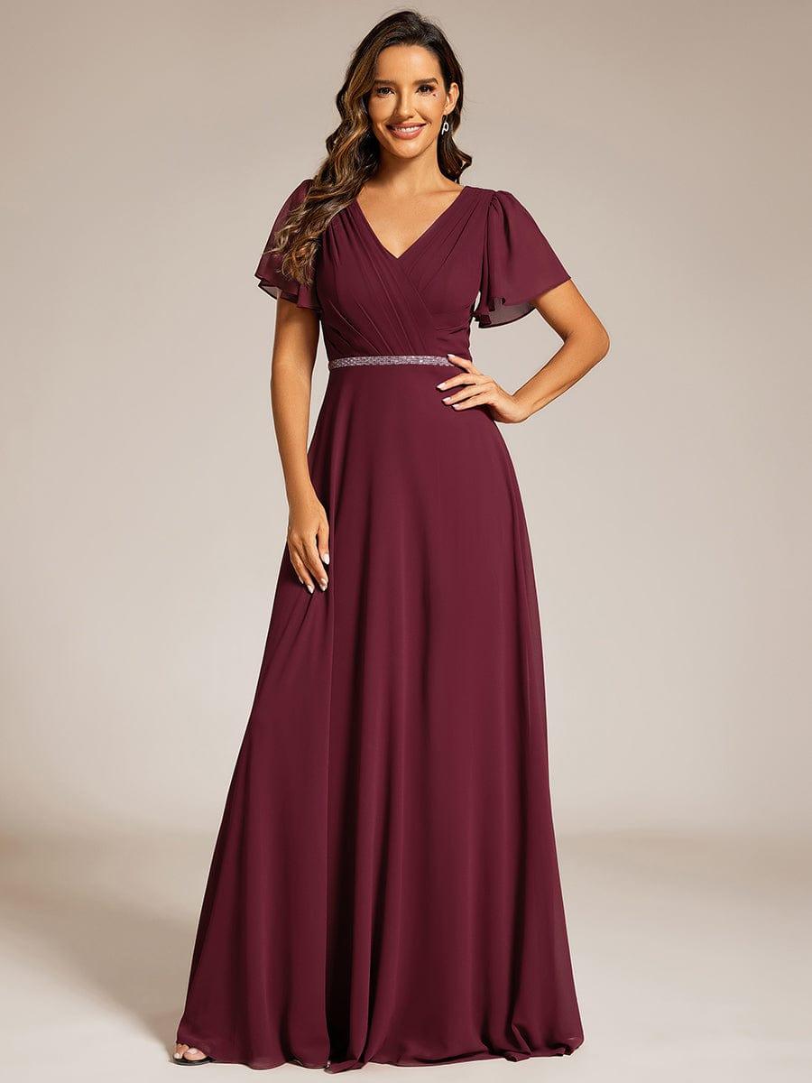 V-Neck Pleated A-Line Chiffon Evening Dress with Short Sleeves