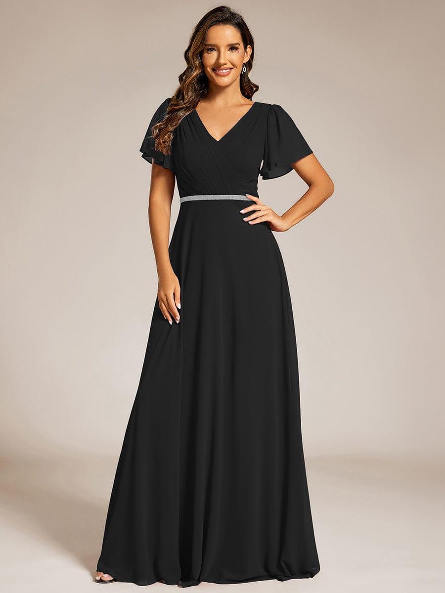 V-Neck Pleated A-Line Chiffon Evening Dress with Short Sleeves